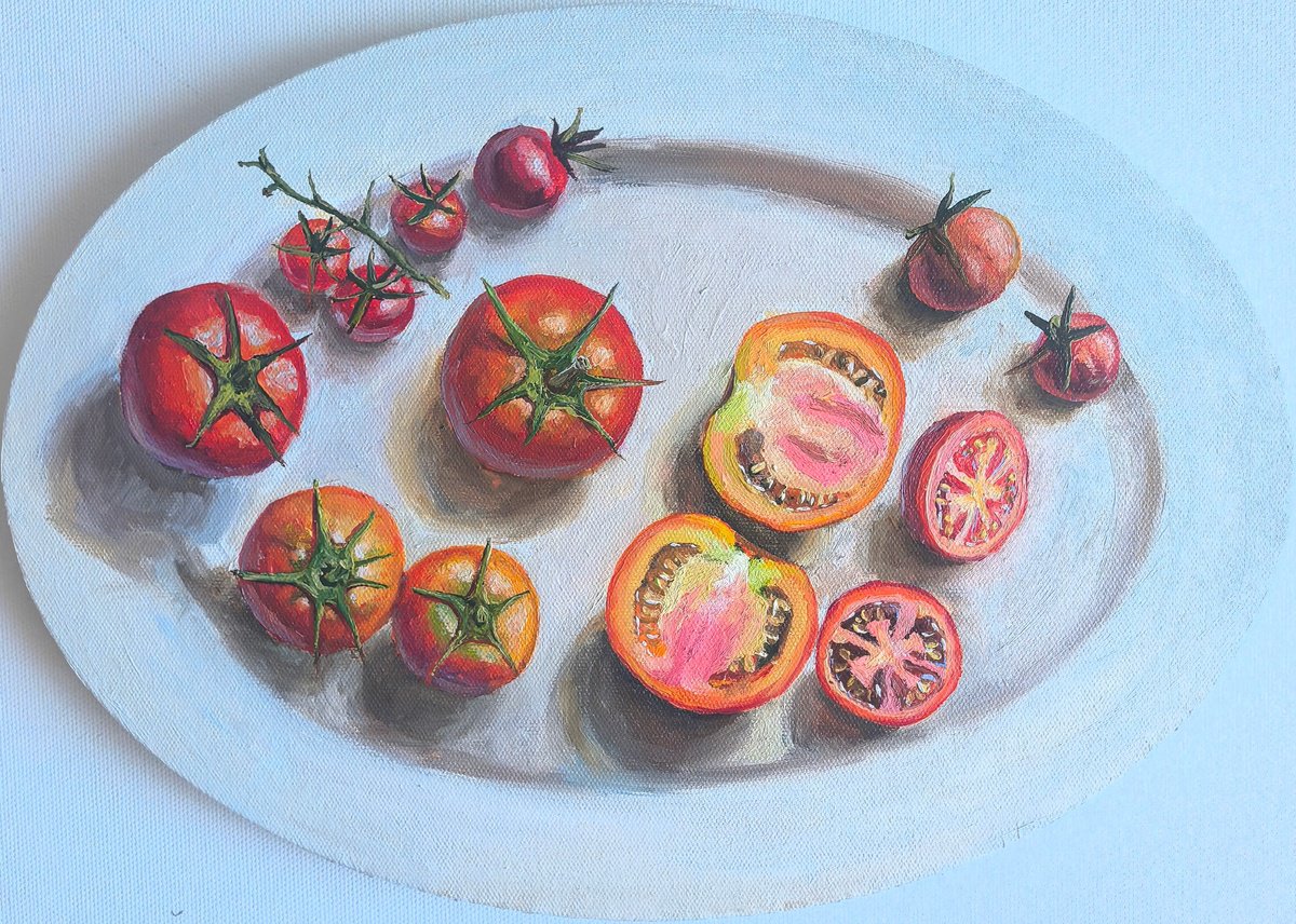 Photorealistic Still Life Oil Painting By Leyla Demir, 14 X 10", Tomato Oil Painting, Original Artwork