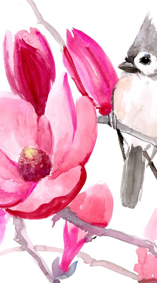 Titmouse and Pink Magnnolia Flowers by Suren Nersisyan