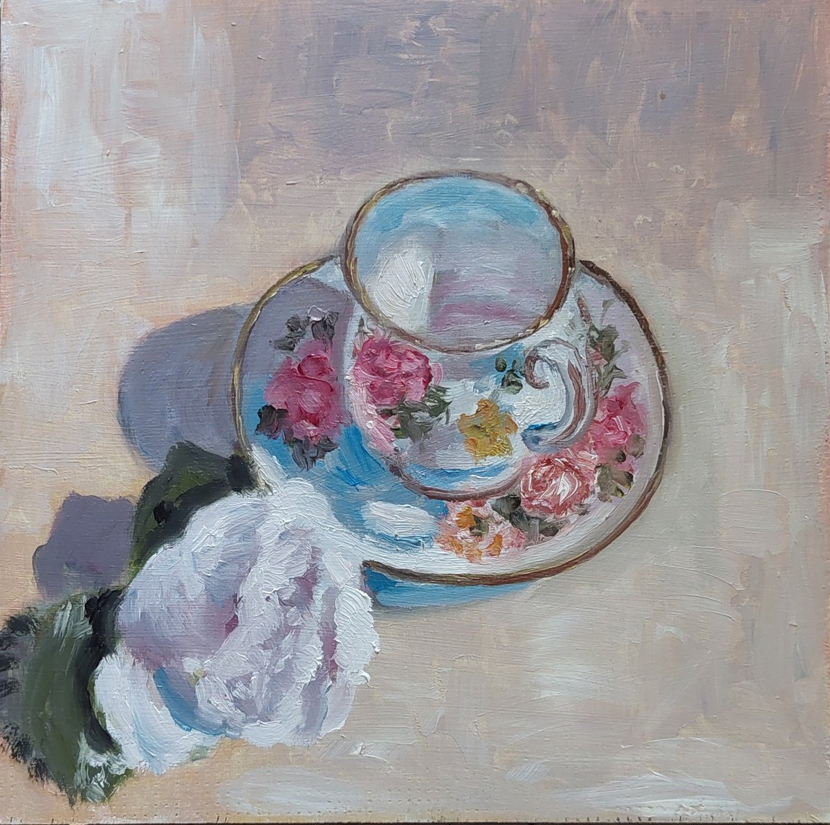 Impressionistic Botanical Oil Painting By Els Driesen, 8 X 8, Teacup With A Rose, Original Artwork