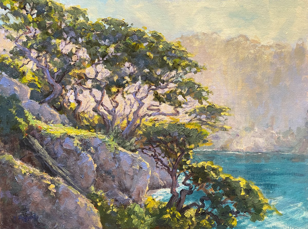 Impressionistic Landscape Oil Painting By Tatyana Fogarty, 16 X 12", Blue Fish Cove Highlights, Original Artwork