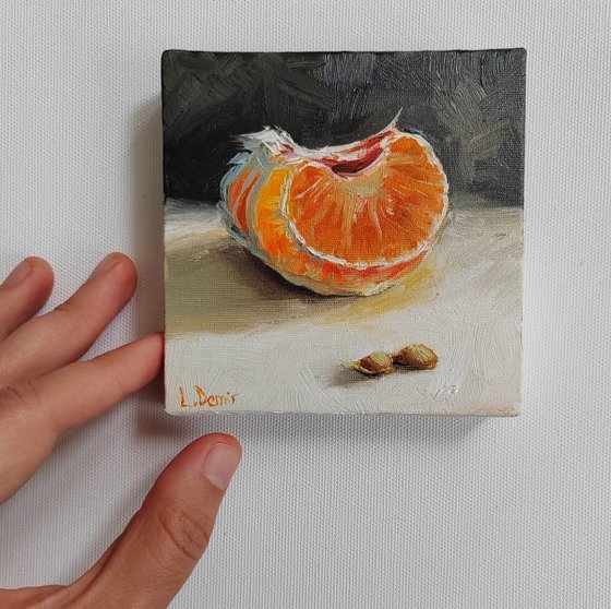 Tangerines slice fruit still life oil painting realistic citrus wall decor 4x4"