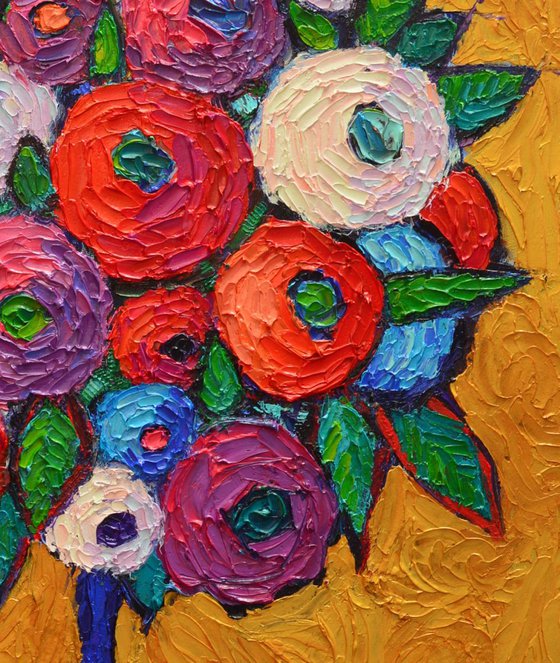 WILD ROSES TREE ON GOLD - abstract flowers modern impressionist contemporary floral art original palette knife oil painting
