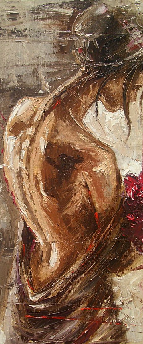 " THE BOUQUET OF RED ROSES ... " - original oil painting on canvas, palette knife by Monika Luniak