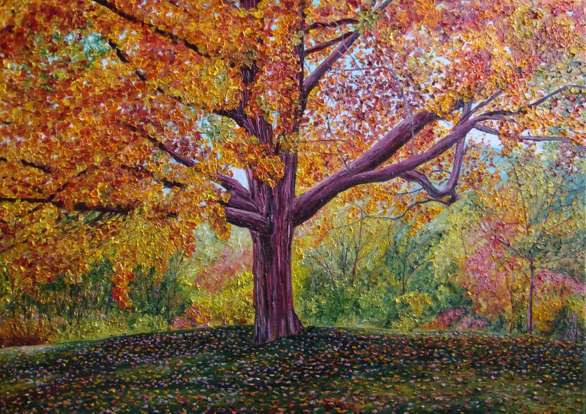 Photorealistic Landscape Oil Painting By Olga Knezevic, 28 X 20", All Colours Of Autumn, Original Artwork