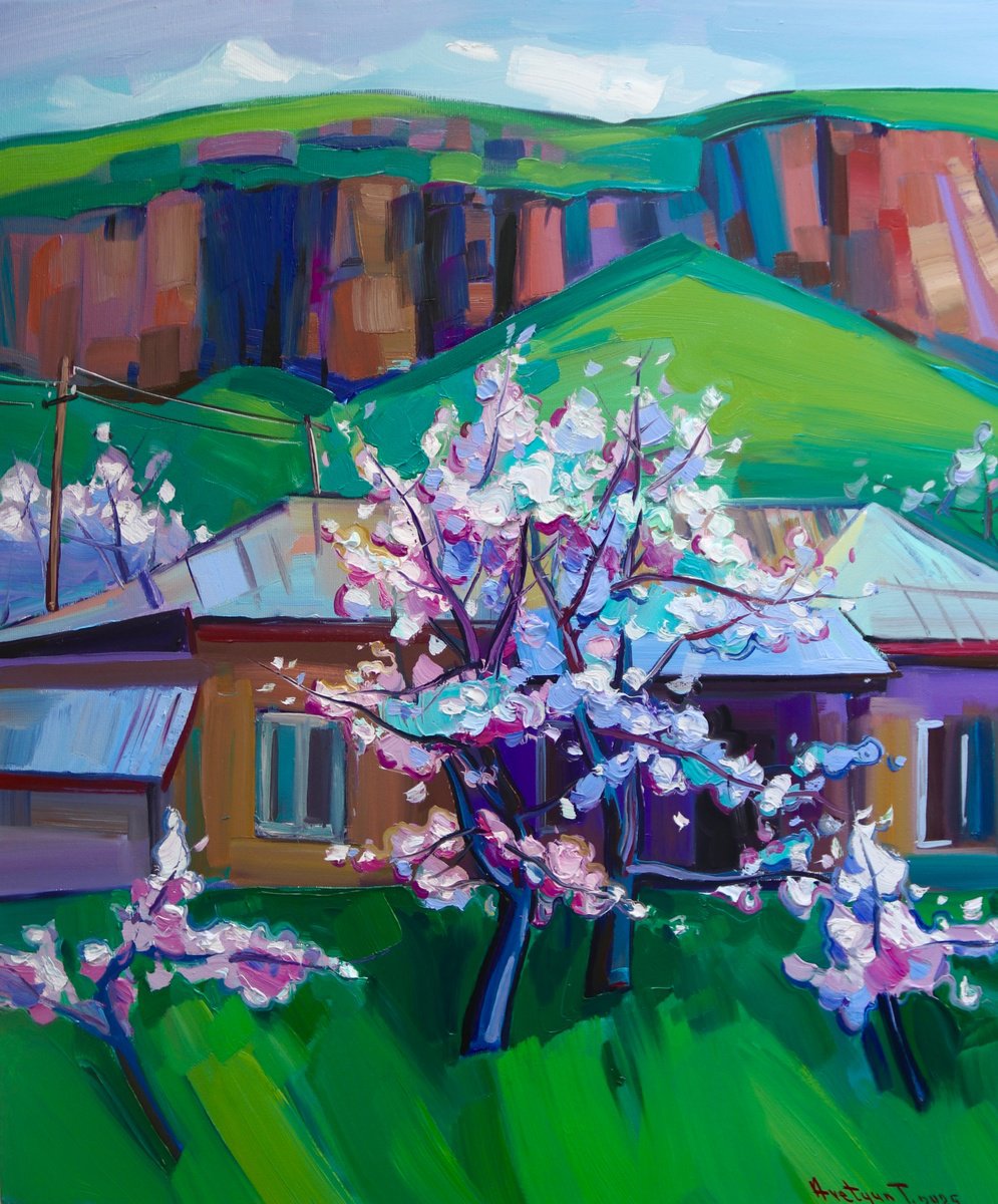 Expressive Landscape Oil Painting By Tigran Avetyan, 20 X 24", Spring In Village, Original Artwork