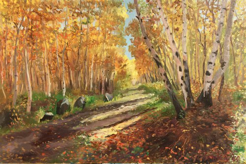 Golden trees, Autumn forest, Yellow trees, Landscape oil painting by Leo Khomich