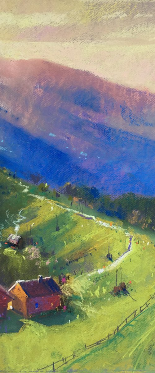 Ukrainian art Sunrise in Mountains Carpathian. Soft pastel 19.6x19.6 inch (50x50 cm) by Andrii Kovalyk