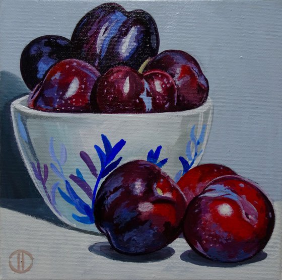 Plums In Blue And White Bowl