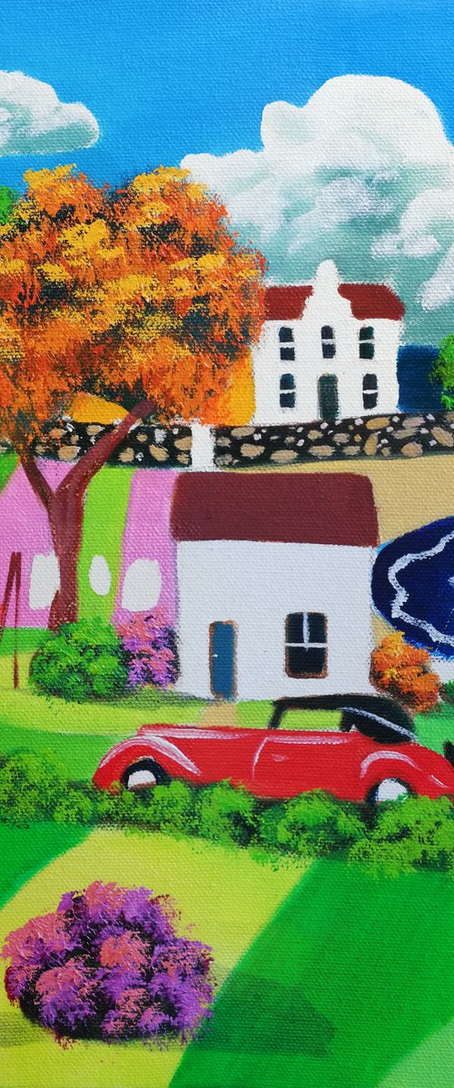 Cow and sheep dog whimsical naive art. by Gordon Bruce