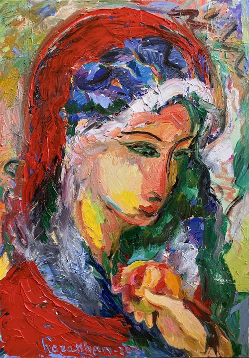 GIRL WITH APPLE IN A RED SCARF  female portrait, face, original oil painting, oriental theme 70x50 by Karakhan
