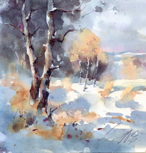Small winter landscape in watercolor by Yulia Evsyukova