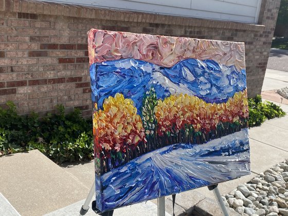 Winter Scene with Snow capped Peaks and Yellow Aspen Trees in Colorado 20" x 16" x 1.5"