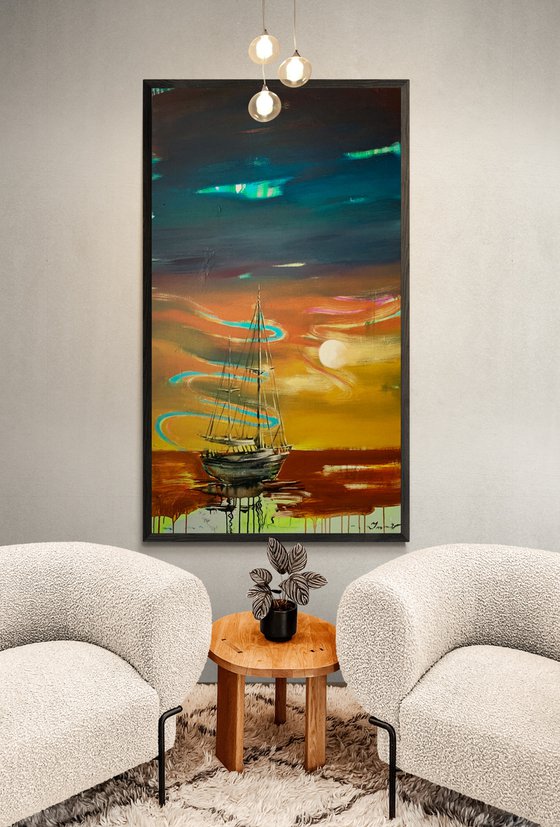 Big Vertical painting - "Orange sunset" - Boat - Sailboat - Seascape - Ocean - Sunset