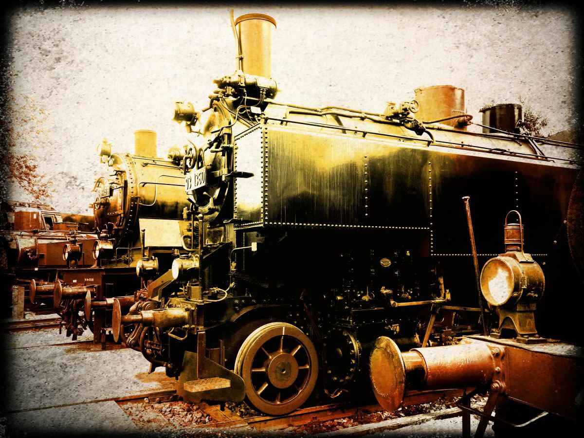 Old steam trains in the depot - print on canvas 60x80x4cm - 08456m1 by Kuebler