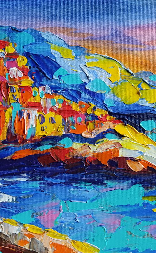 Amalfi coast - sea, seascape, seascape oil painting, sunset, Italy, Italy seascape, evening city by Anastasia Kozorez