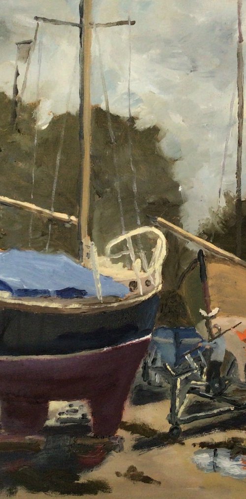 Yacht repairs, painting by Julian Lovegrove Art