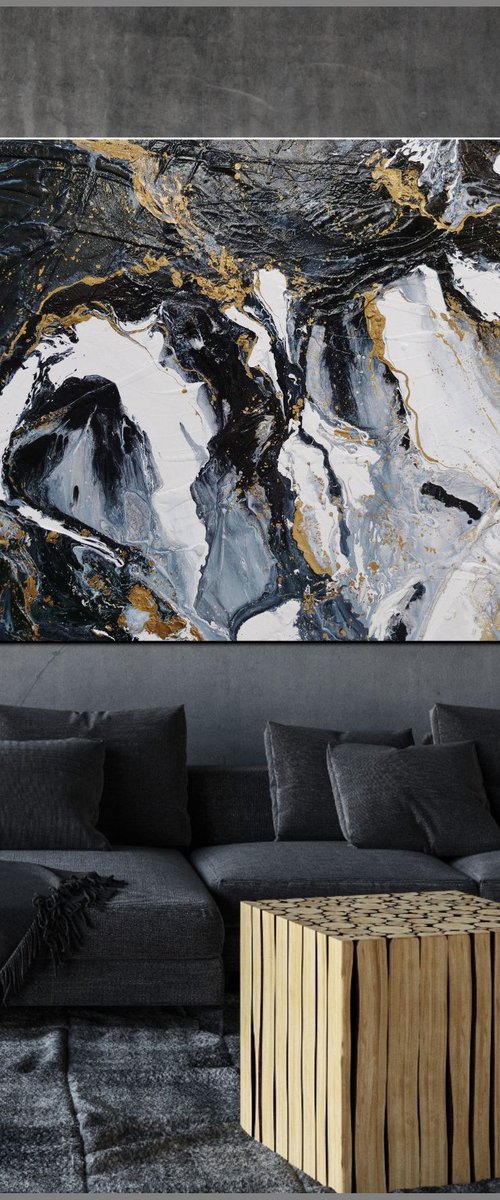 Blackened Gold Rapture 200cm x 120cm Black Grey Gold Abstract Art by Franko
