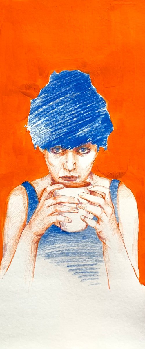 Woman with Cup on Orange Background by Alina Lobanova