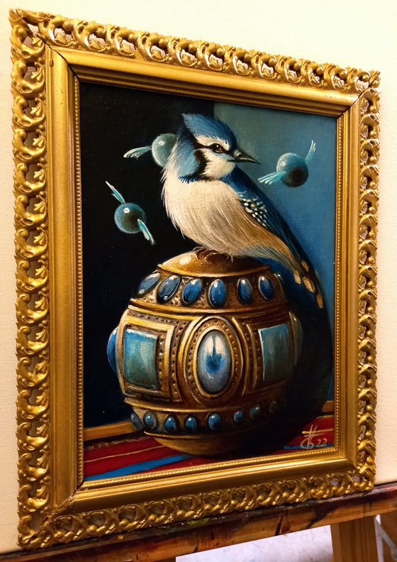 Three blue spirits - original acrylic on canvas framed - 24 xx 31 cm / 9.5 x 12 inches