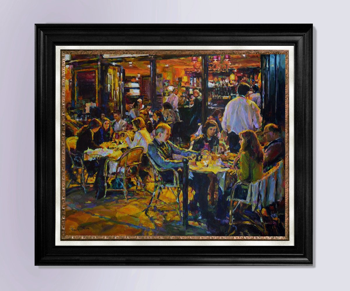 Impressionistic Portrait Oil Painting By Vachagan Manukyan, 24 X 20", Evening At The Cafe, Original Artwork