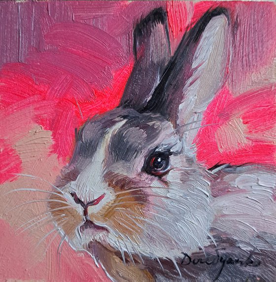 White rabbit painting original oil picture framed 4x4, Small framed art pink rabbit girl gift