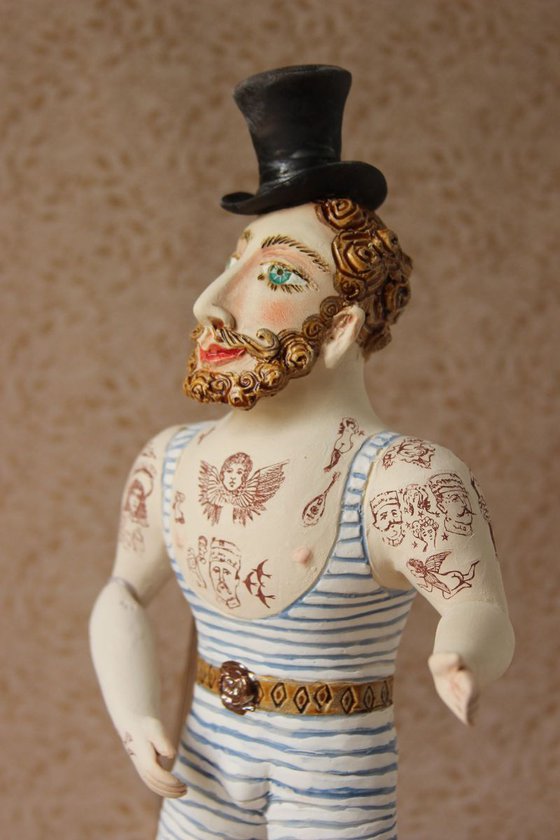 Circus athlete with hipster beard. Wall sculpture by Elya Yalonetski.