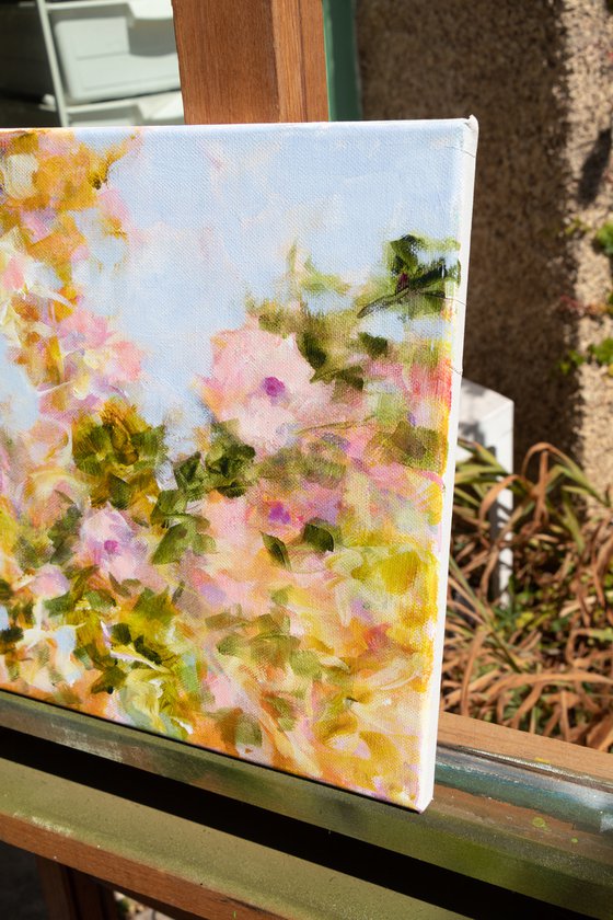 So sweet roses - flowers in a garden - impressionistic semi abstract floral painting