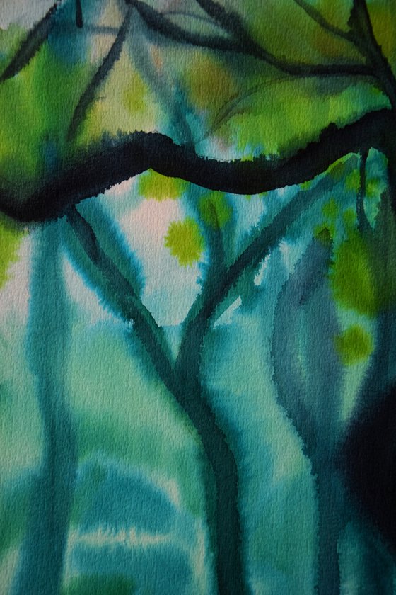 Green forest original watercolor painting, moss trees, mystic wall decor