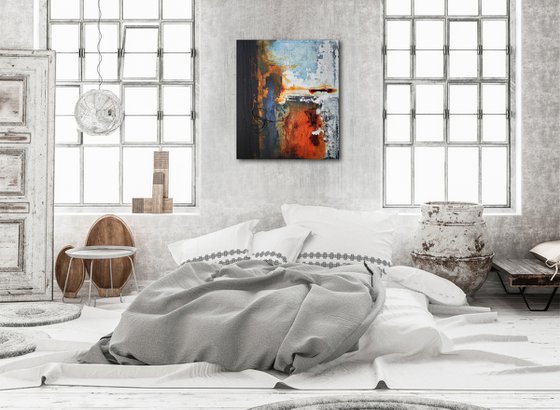 ABSTRACTION * 60 x 70 cms -  ABSTRACT ARTWORK - PAINTING - WITH STRUCTURES - OFF-WHITE BLUE RUST