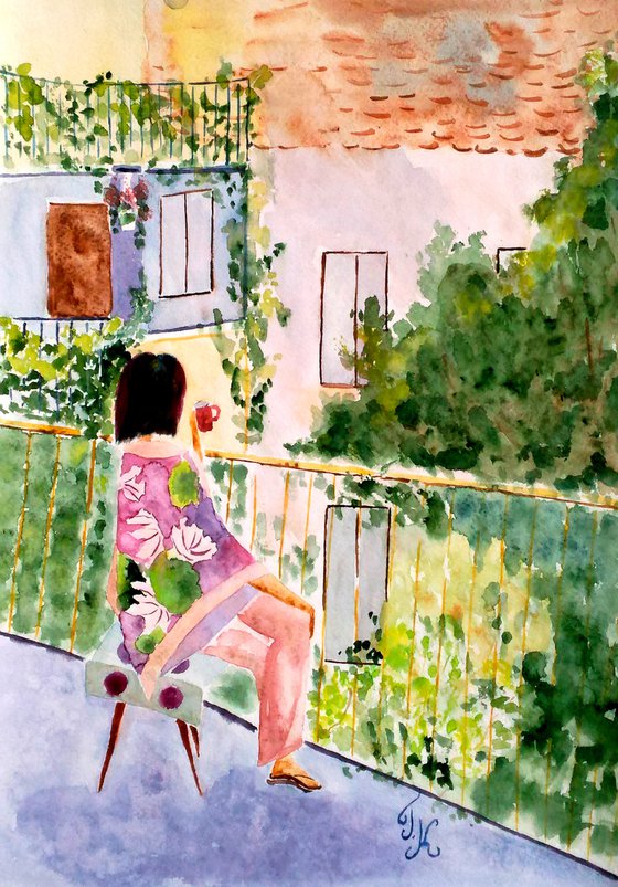 Woman Painting Paris Morning Original Art Lady Small Watercolor Coffee Time Artwork Home Wall Art 12 by 17" by Halyna Kirichenko