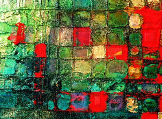 Original abstract painting, Green and Red Fantasy, Original mixed media art card