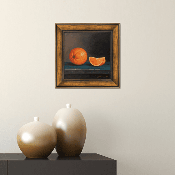 Still life - orange (25x25cm, oil on canvas, framed)