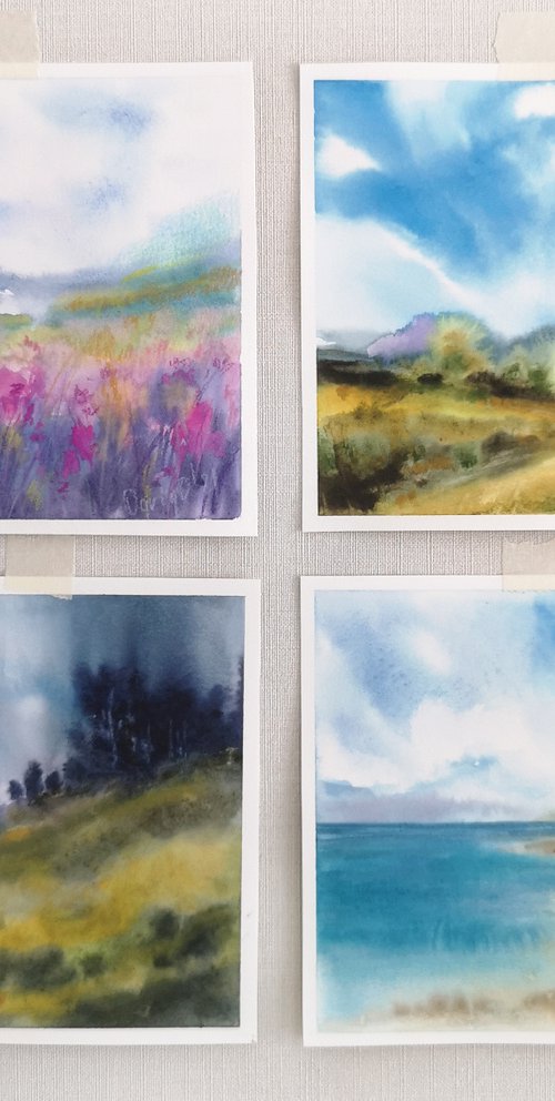 Landscape set, small watercolor paintings by Olga Grigo