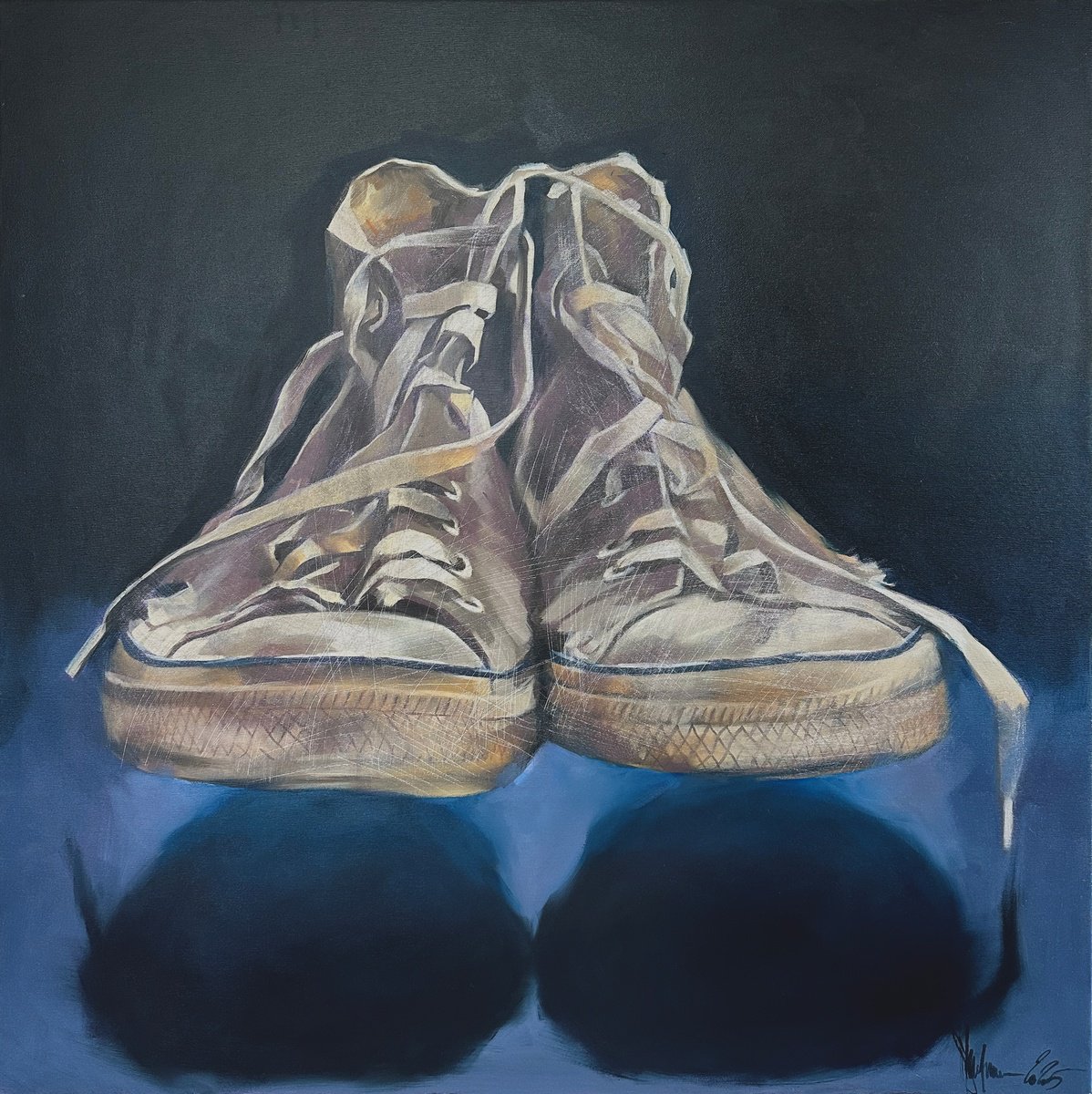 Urban And Pop Still Life Oil Painting By Igor Shulman, 37 X 37, Floating Sneakers., Original Artwork