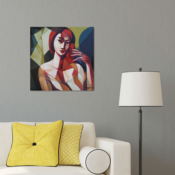 In front of the mirror (60x60cm, cubism, oil painting, ready to hang)