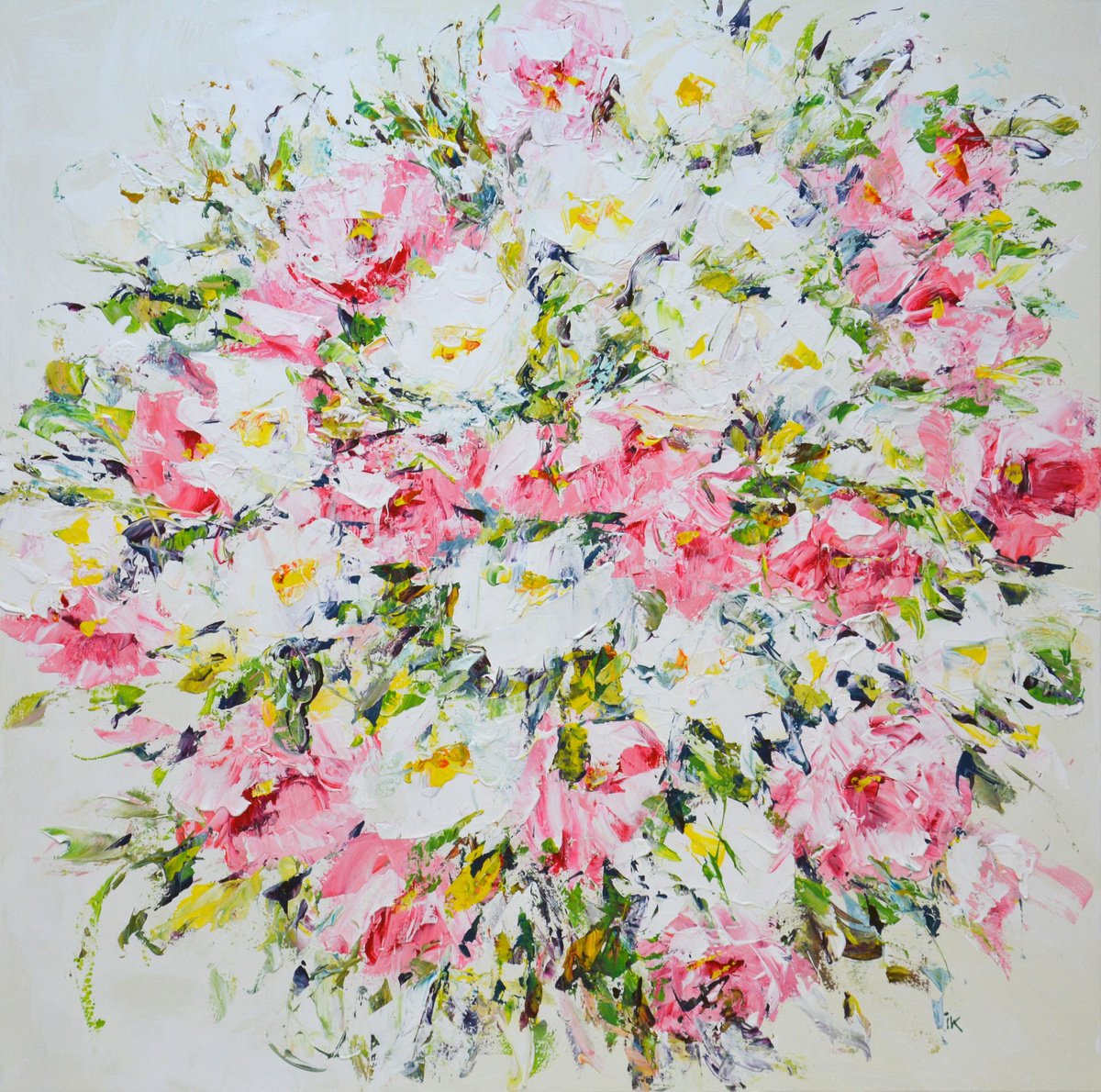Expressive Botanical Acrylic Painting By Iryna Kastsova, 39 X 39, Flowers. Pink And White., Original Artwork