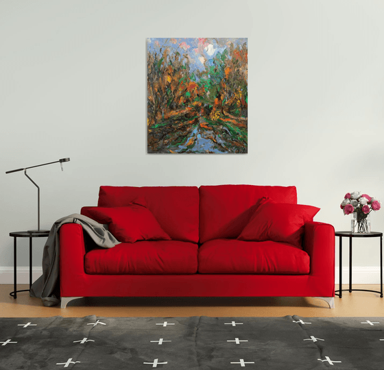 AUTUMN IN MOSCOW - landscape art, original painting oil on canvas, waterscape, pond fall, home decor