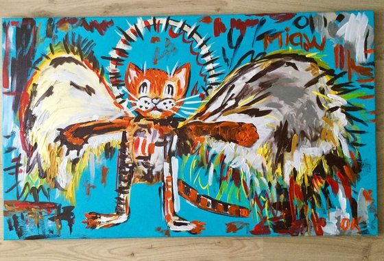 101x61cm Cat La Fallen Angel version of famous painting by Jean-Michel Basquiat