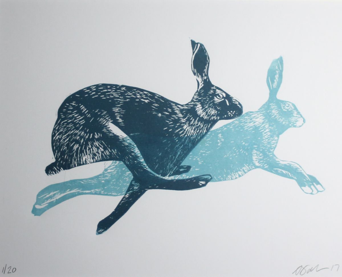 Running Hares Linocut, Mounted by Alex Jabore Paintings and Prints