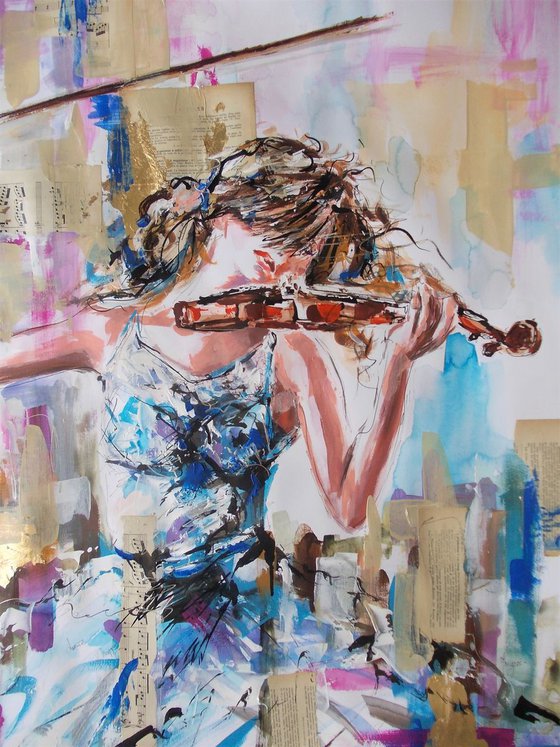 Allegro- Woman violinist acrylic mixed media painting on paper