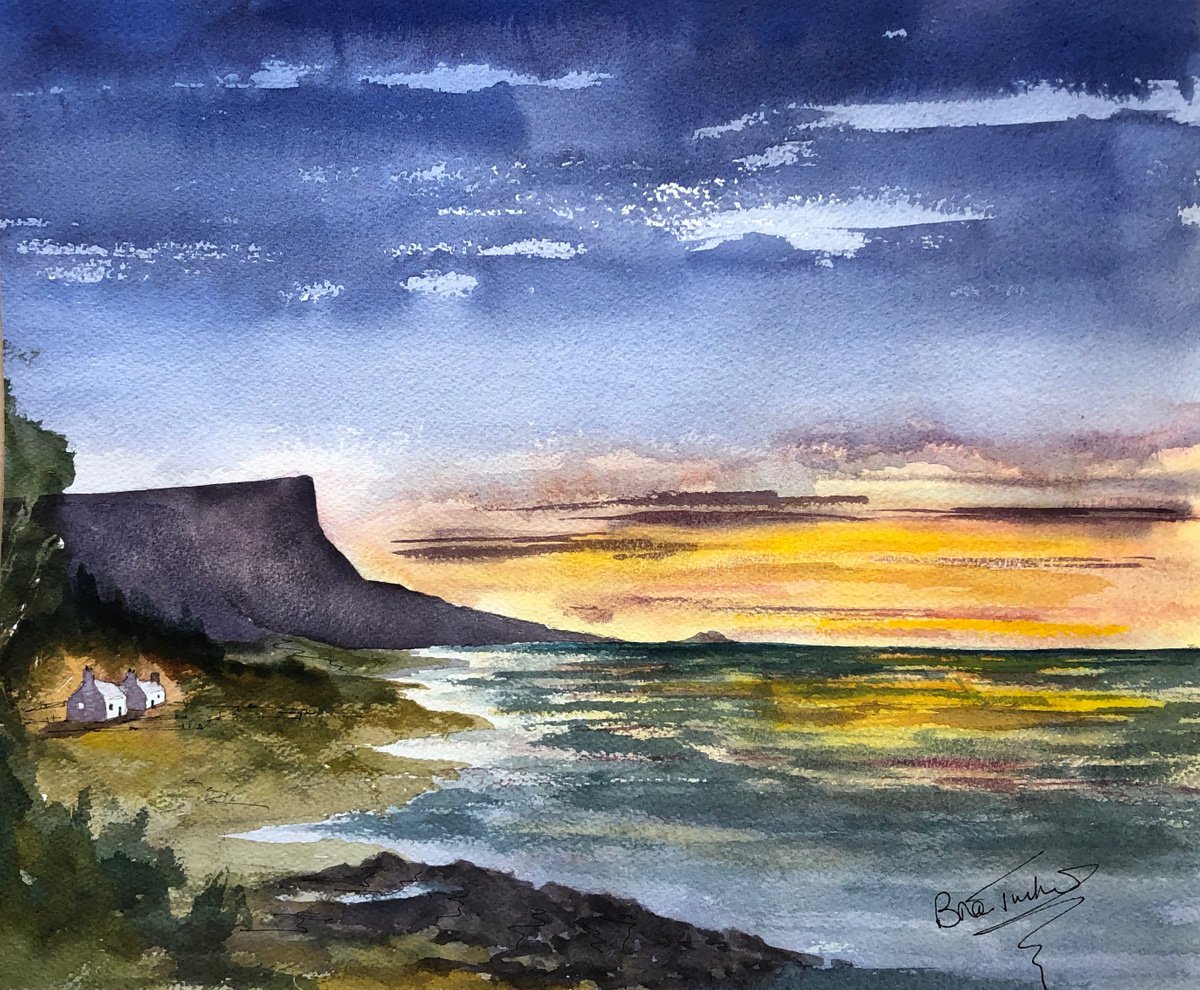 Impressionistic Landscape Watercolour By Brian Tucker, 17 X 14, Sunset At Fair Head, Original Artwork