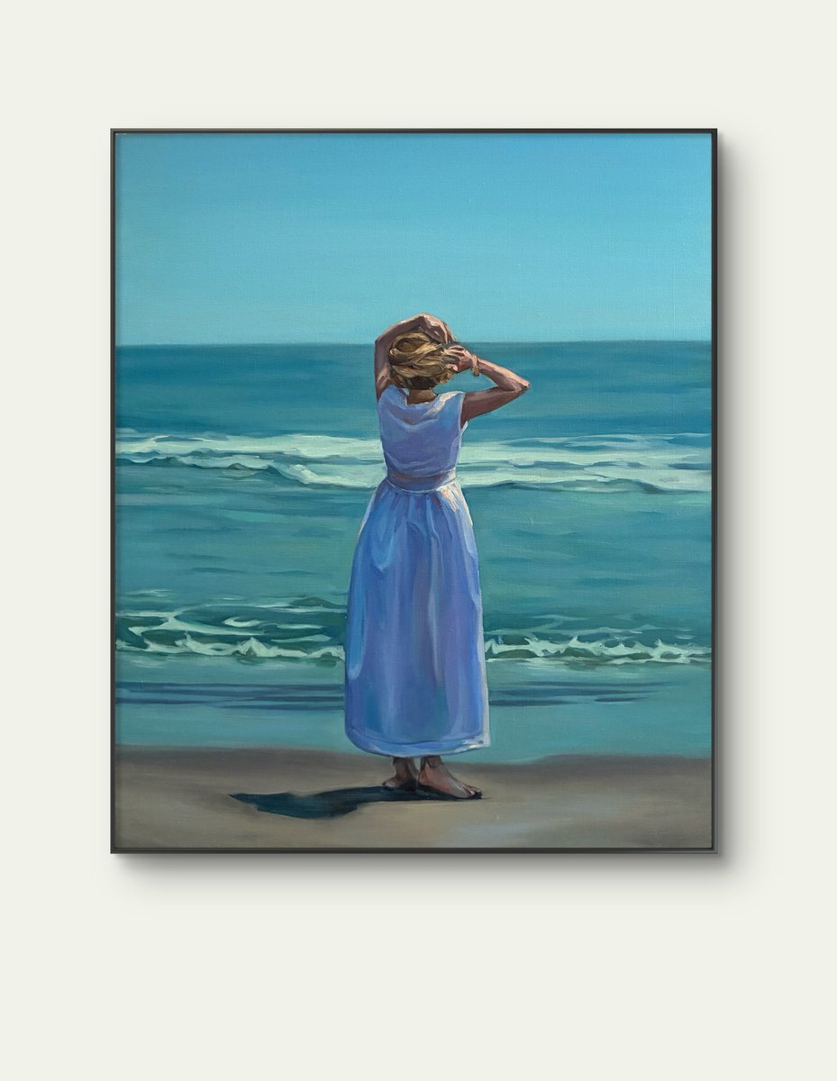 Impressionistic Landscape Oil Painting By Guzel Min, 24 X 28, Girl By The Ocean, Original Artwork