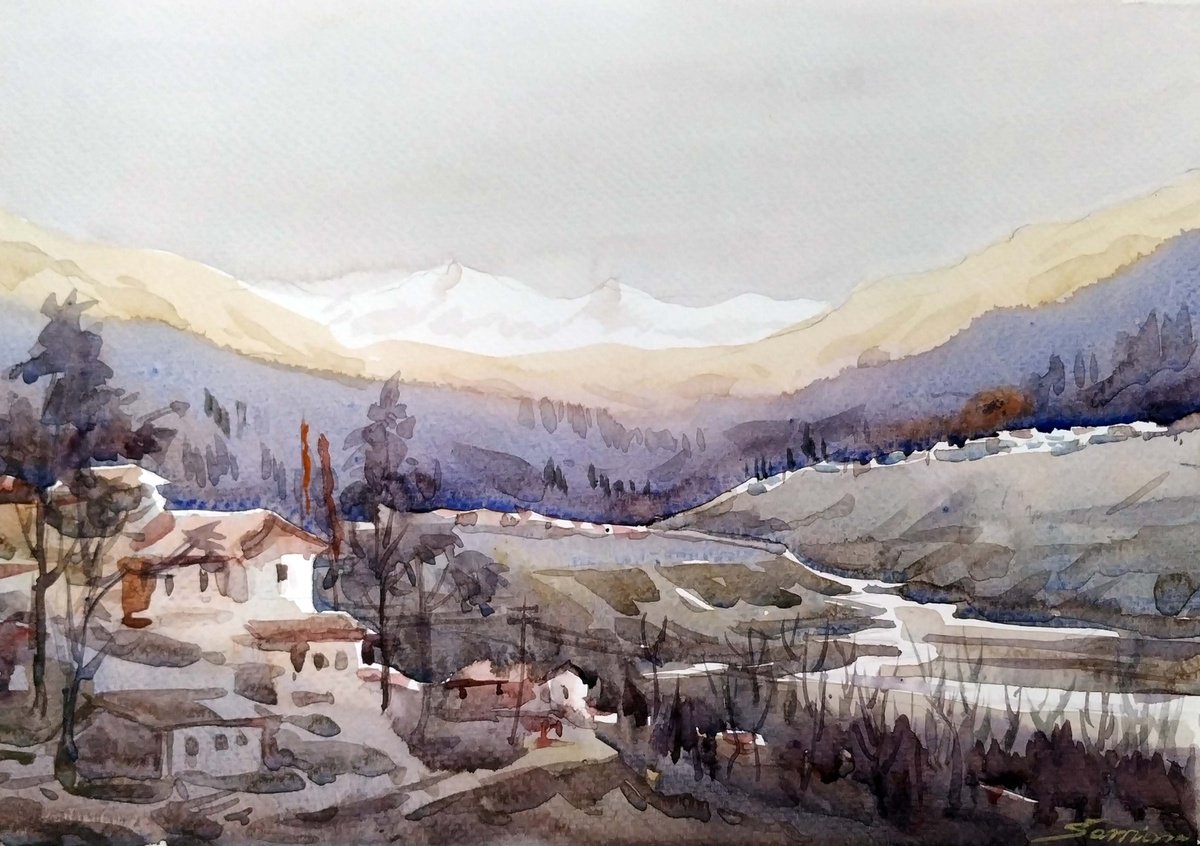 Impressionistic Landscape Watercolour By Samiran Sarkar, 11 X 8", Early Morning Himalaya, Original Artwork
