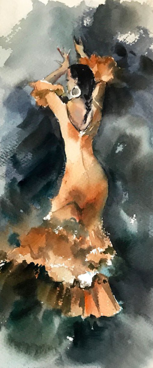 Flamenco Original Watercolor Painting by Sophie Rodionov