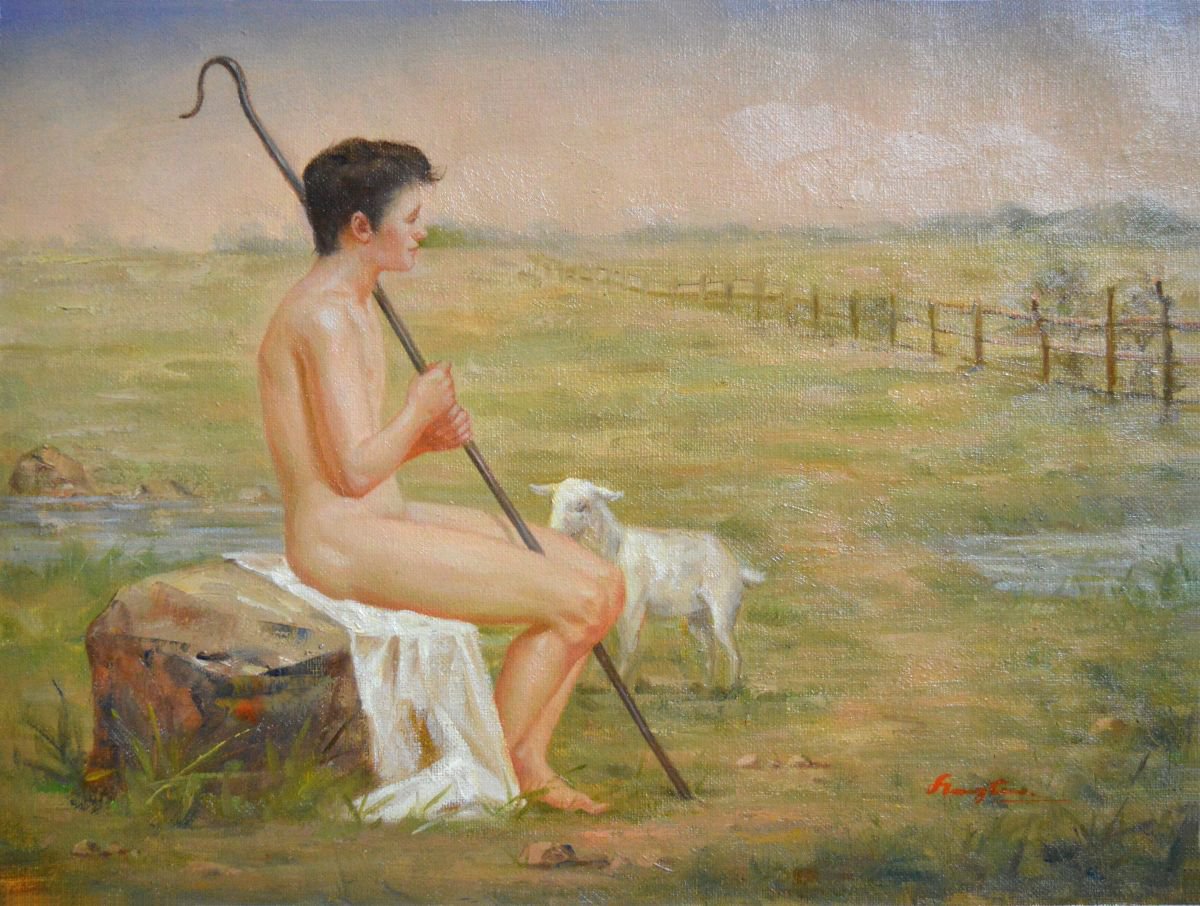 Oil painting art male nude boy in seaside # Oil painting