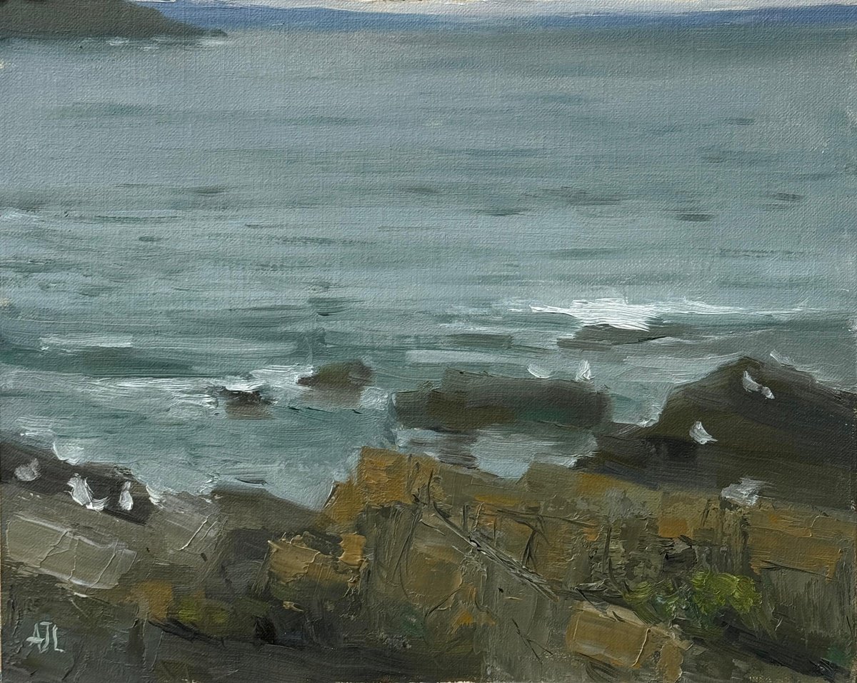 Impressionistic Landscape Oil Painting By Alex James Long, 12 X 9, Breaking Waves, Gower, Original Artwork