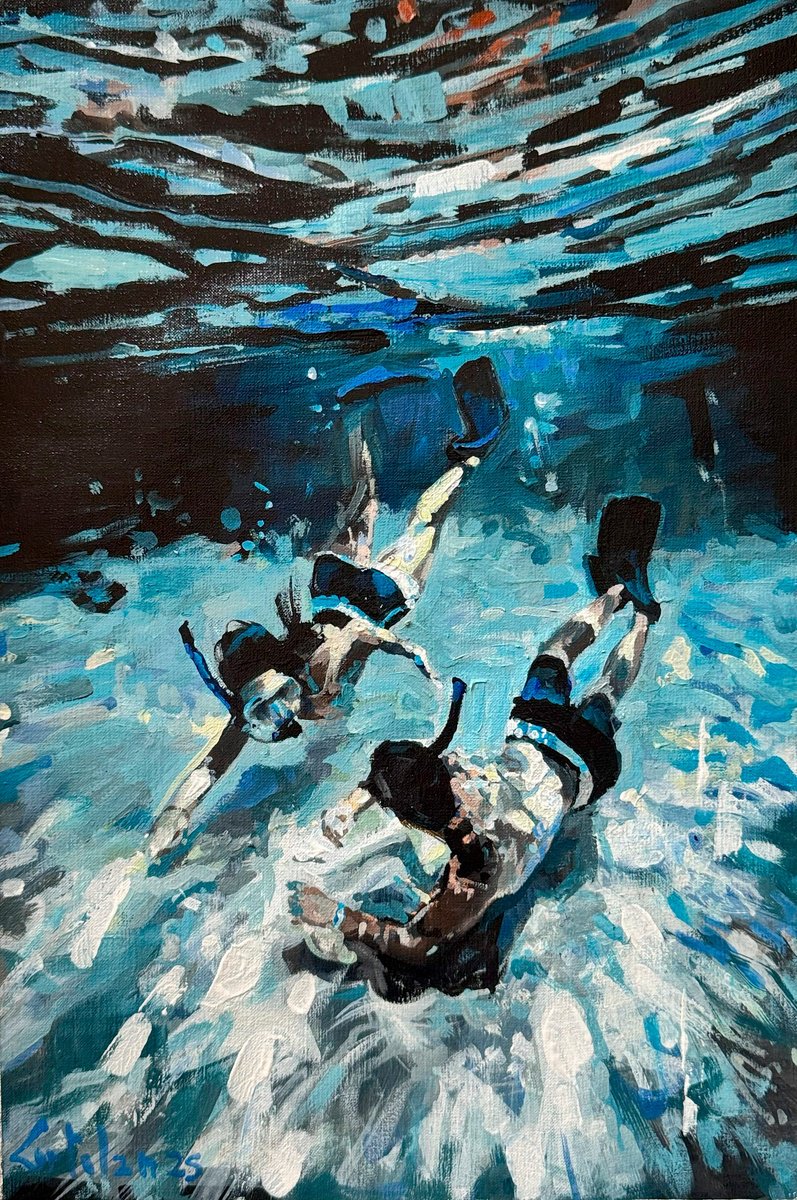 Impressionistic Landscape Oil Painting By Marco Ortolan, 10 X 16", Diving The Ocean, Original Artwork