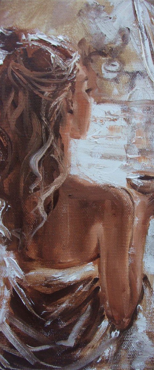 " MORNING COFFEE ... " original painting WINDOW autumn palette knife GIFT by Monika Luniak