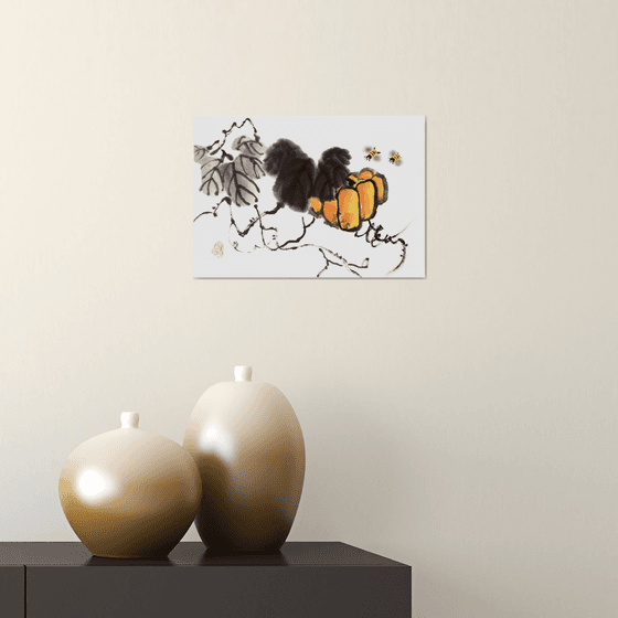 Pumpkin and two bees - Pumpkin series No. 02 - Oriental Chinese Ink Painting