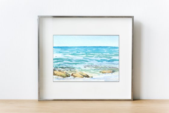 Walking on the blue beach. Original watercolor painting, handmade.